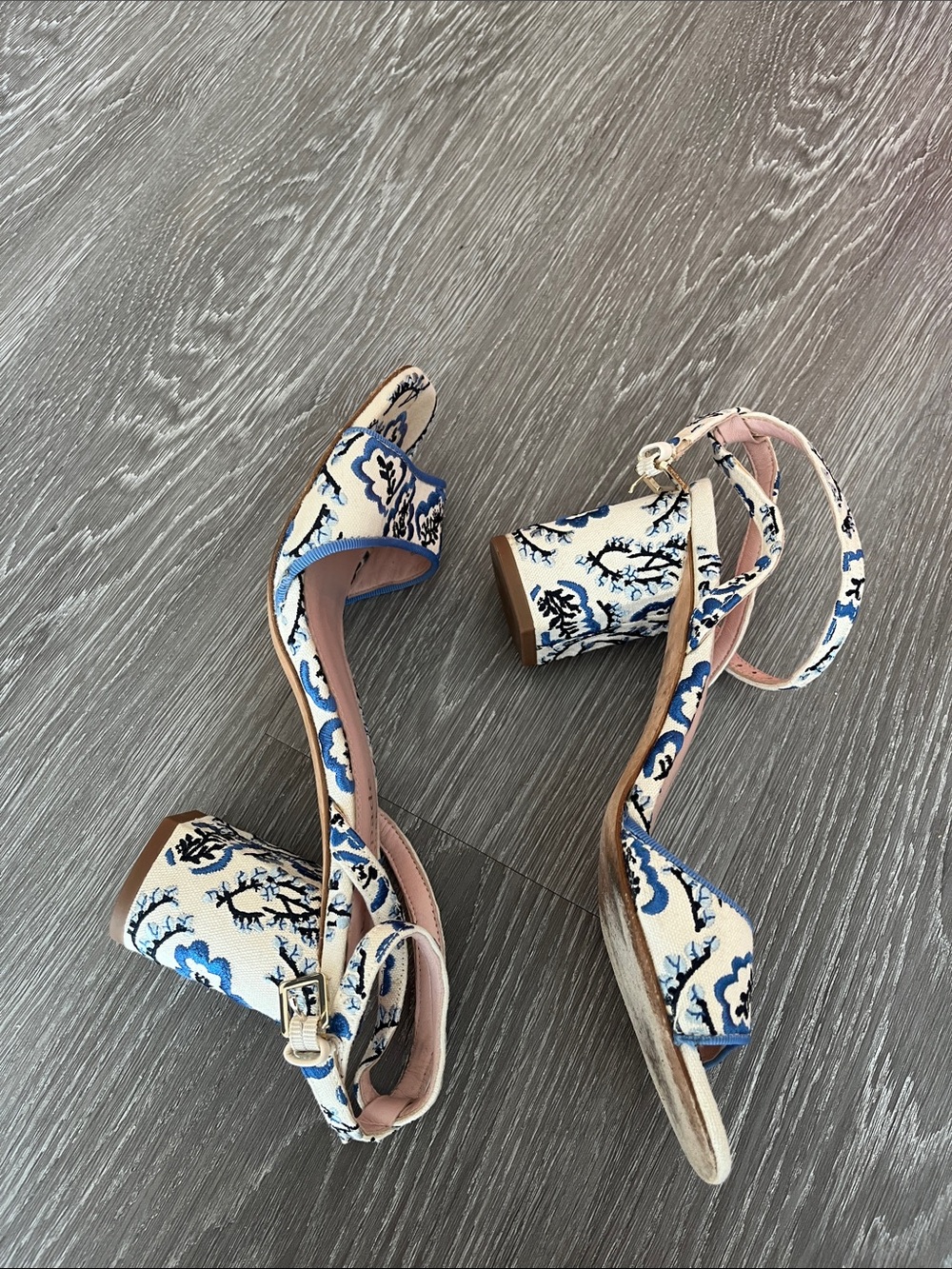 kate spade Blue & White embroidered Block Heel Sandals - Picture 4 of 5